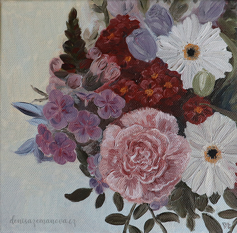 Flowers on mint - oil on canvas, 20 x 20 cm / 9,9 x 11,8 in