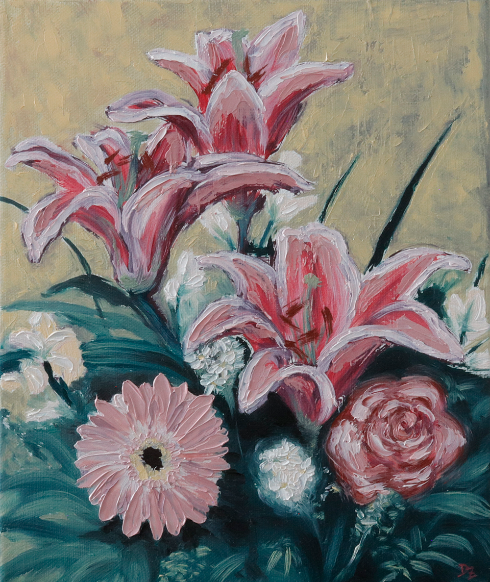 Pink flowers - oil on canvas, 25 x 30 cm / 9,9 x 11,8 in