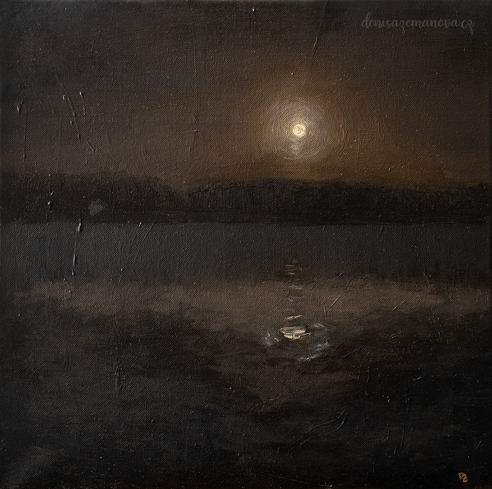 Night over a lake - oil on canvas, 40 x 40 cm / 15,8 x 15,8 in