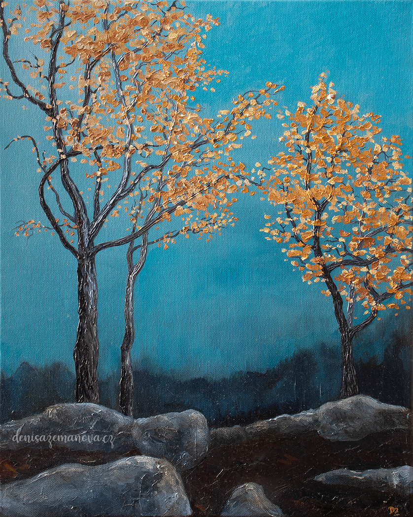 Trees on blue - oil on canvas, 40 x 50 cm / 15,8 x 19,7 in