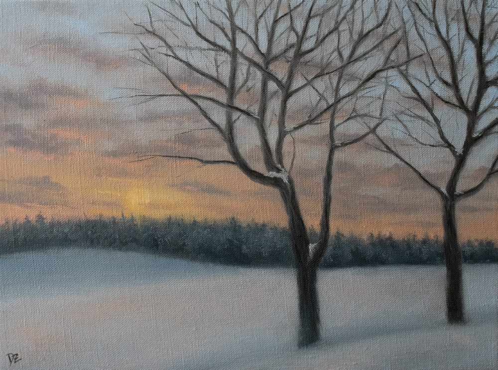 Winter sunset - oil on canvas, 40 x 30 cm / 15,8 x 11,8 in