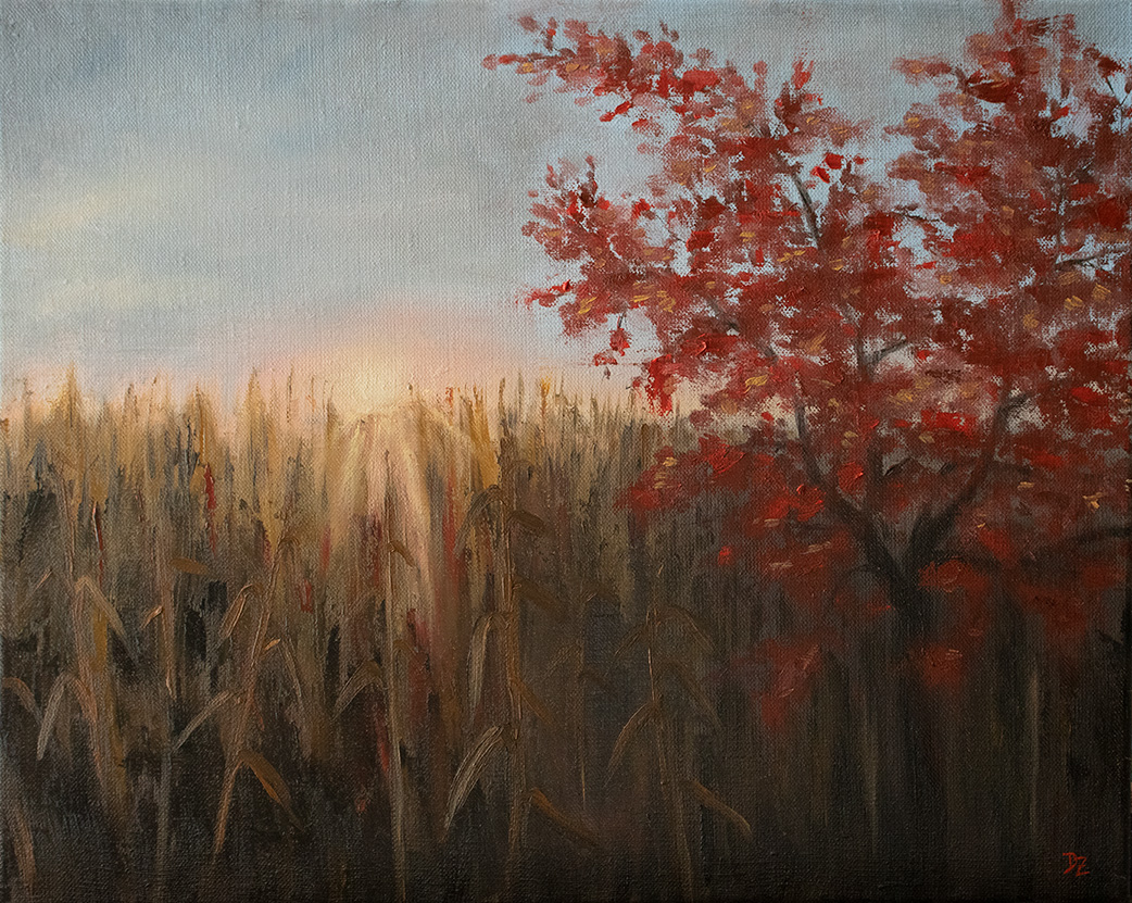 Red tree and a field - oil on canvas, 50 x 40 cm / 19,7 x 15,8 in
