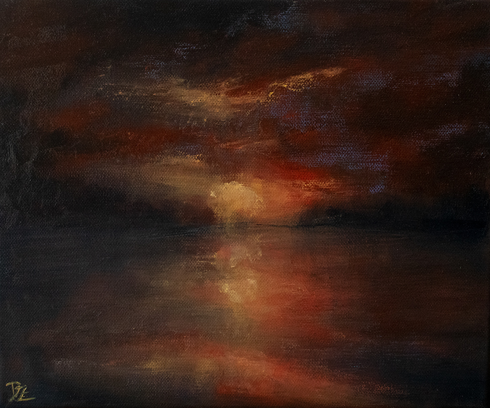 Sunset and a lake in red - oil on canvas, 30 x 25 cm / 11,8 x 9,9 in