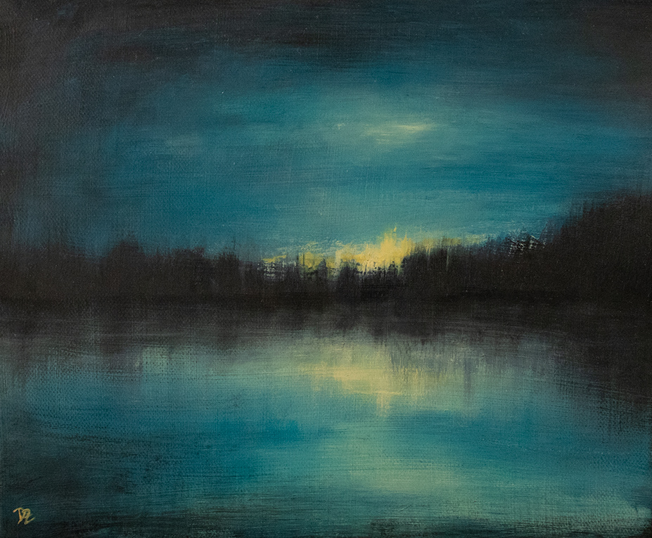 Sunset and a lake in blue - oil on canvas, 30 x 25 cm / 11,8 x 9,9 in