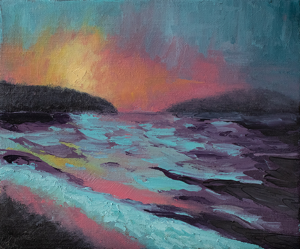 Sunset over a sea - oil on canvas, 30 x 25 cm / 11,8 x 9,9 in