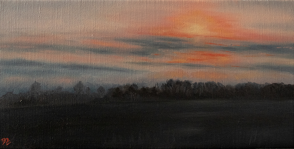 Sunset over Kounov- oil on canvas, 50 x 25 cm / 19,7 x 9,9 in